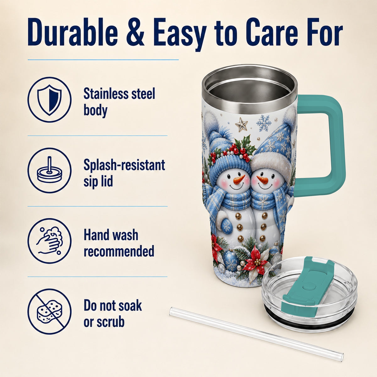 #pl[40oz|Green] Snowman Couple 40oz Tumbler with Handle, Winter Stainless Steel Cup