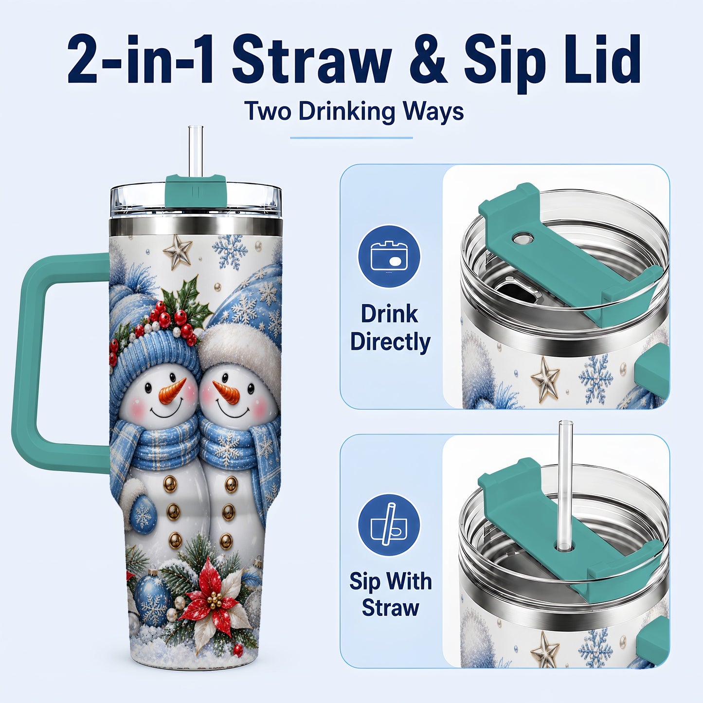 #pl[40oz|Green] Snowman Couple 40oz Tumbler with Handle, Winter Stainless Steel Cup