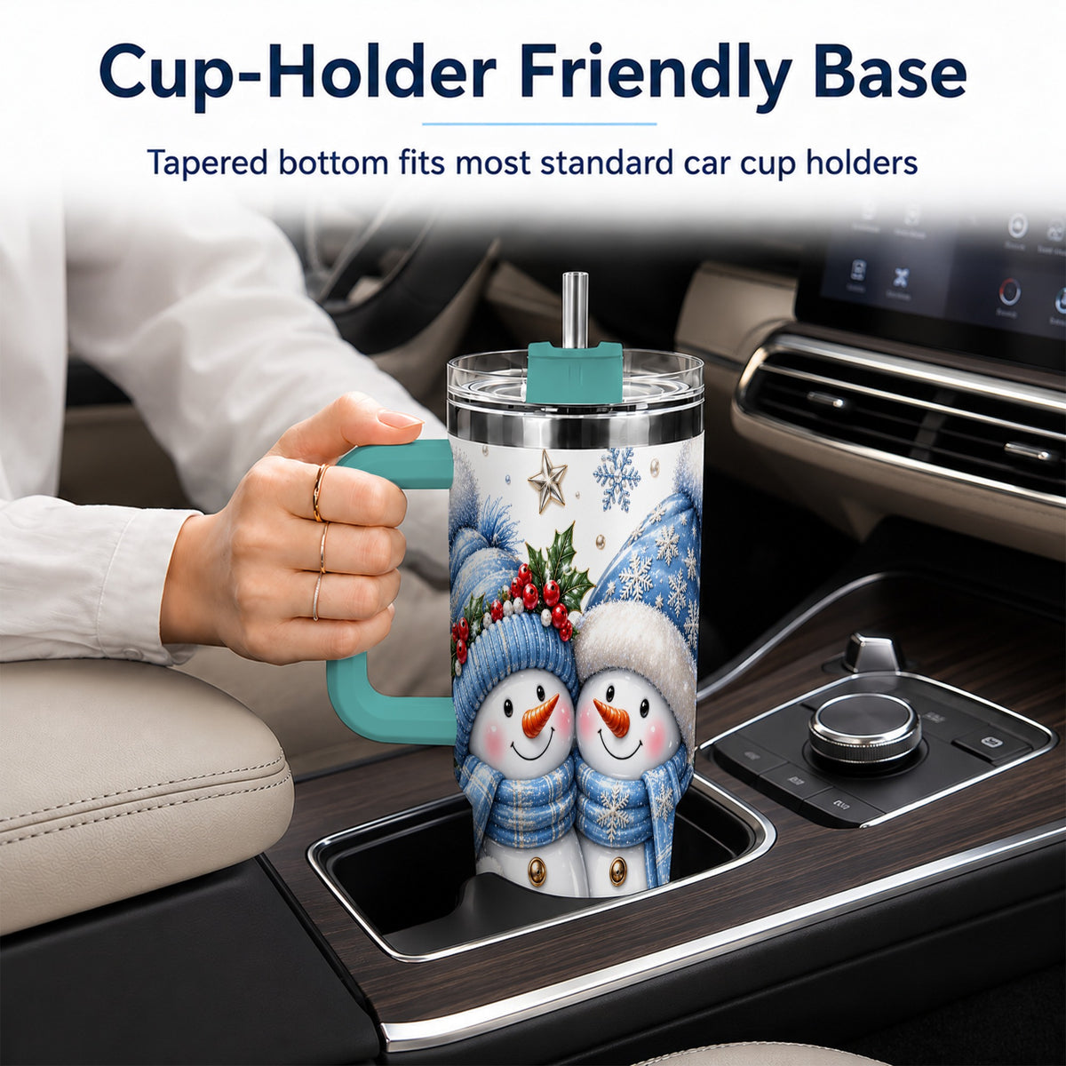 #pl[40oz|Green] Snowman Couple 40oz Tumbler with Handle, Winter Stainless Steel Cup