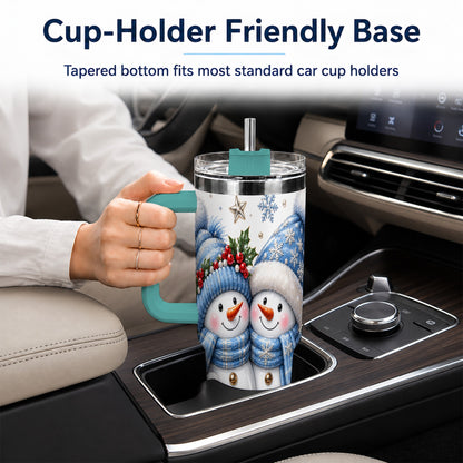 #pl[40oz|Green] Snowman Couple 40oz Tumbler with Handle, Winter Stainless Steel Cup