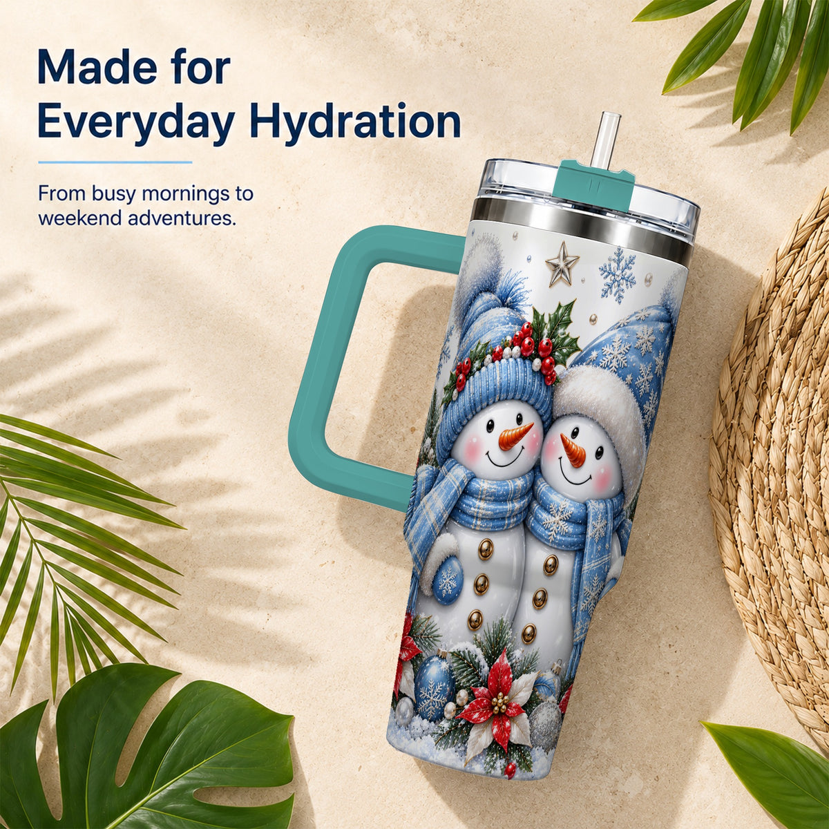 #pl[40oz|Green] Snowman Couple 40oz Tumbler with Handle, Winter Stainless Steel Cup