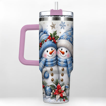 #pl[40oz|Pink] Snowman Couple 40oz Tumbler with Handle, Winter Stainless Steel Cup