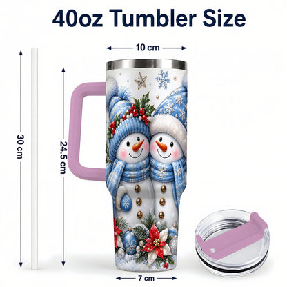 #pl[40oz|Pink] Snowman Couple 40oz Tumbler with Handle, Winter Stainless Steel Cup