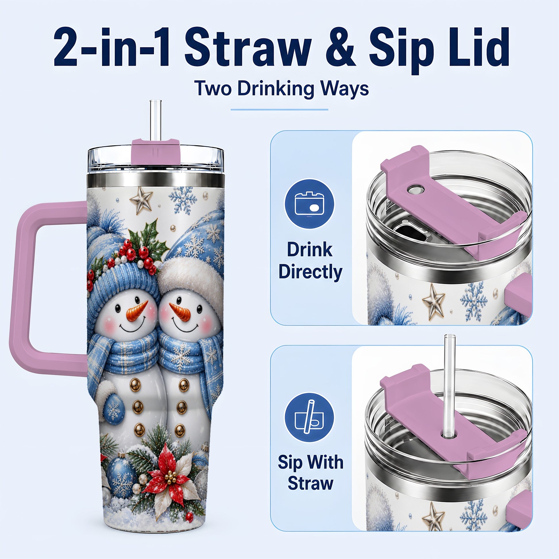 #pl[40oz|Pink] Snowman Couple 40oz Tumbler with Handle, Winter Stainless Steel Cup