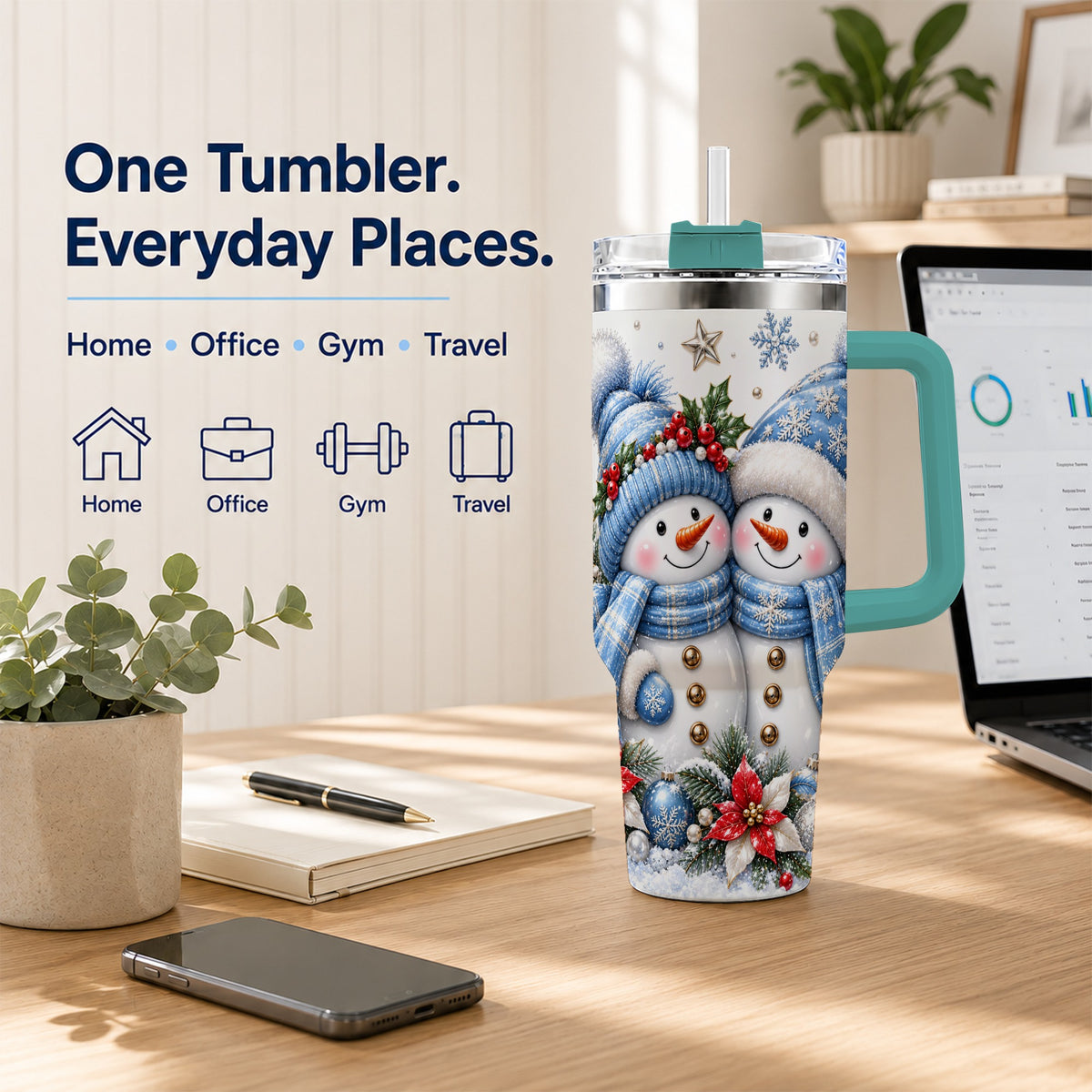 #pl[40oz|Green] Snowman Couple 40oz Tumbler with Handle, Winter Stainless Steel Cup