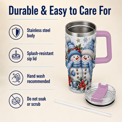 #pl[40oz|Pink] Snowman Couple 40oz Tumbler with Handle, Winter Stainless Steel Cup
