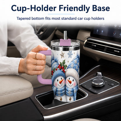 #pl[40oz|Pink] Snowman Couple 40oz Tumbler with Handle, Winter Stainless Steel Cup