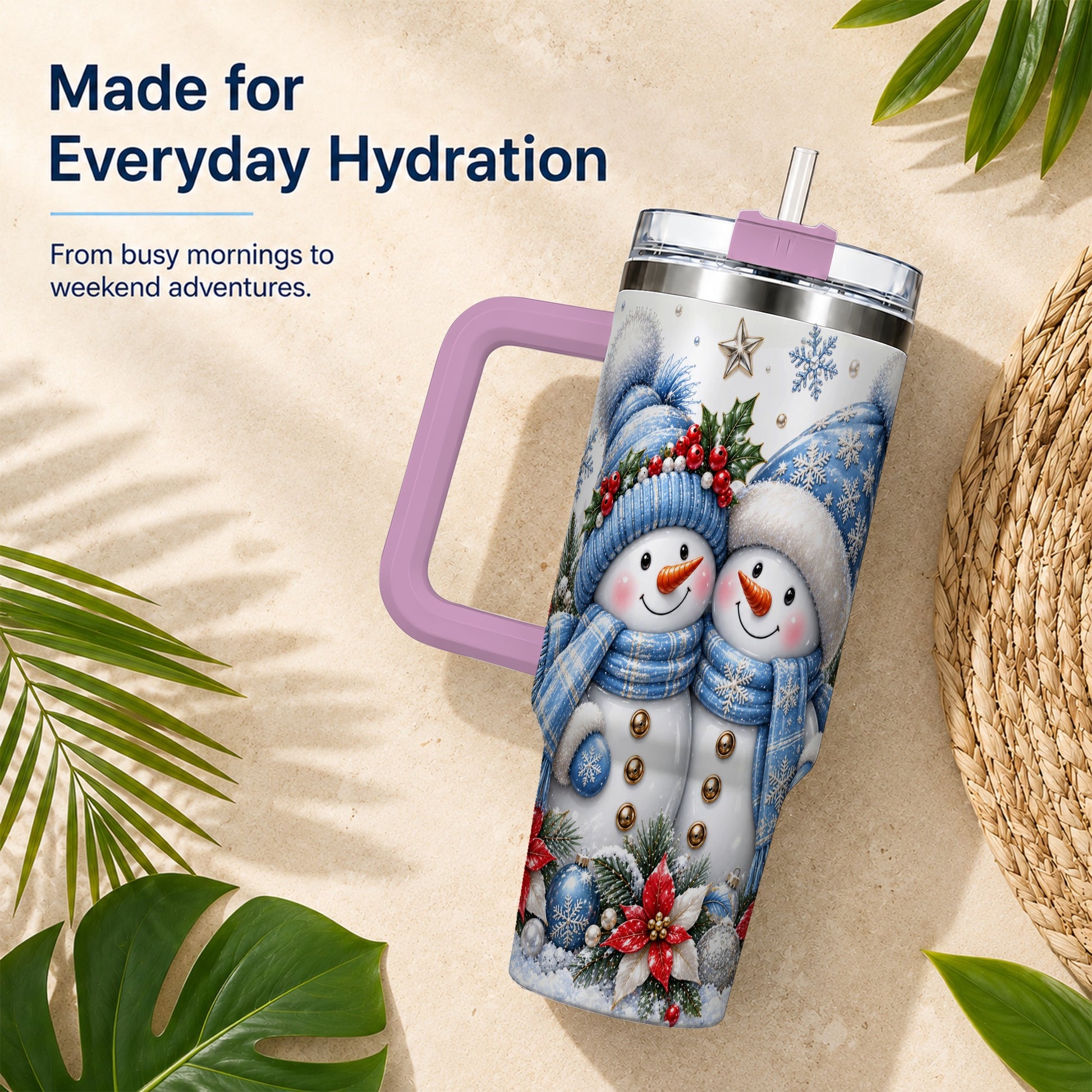 #pl[40oz|Pink] Snowman Couple 40oz Tumbler with Handle, Winter Stainless Steel Cup