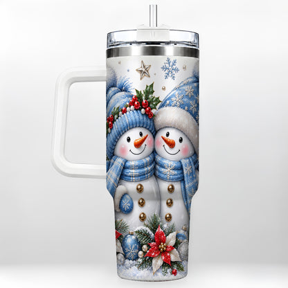 Snowman Couple 40oz Tumbler with Handle, Winter Stainless Steel Cup