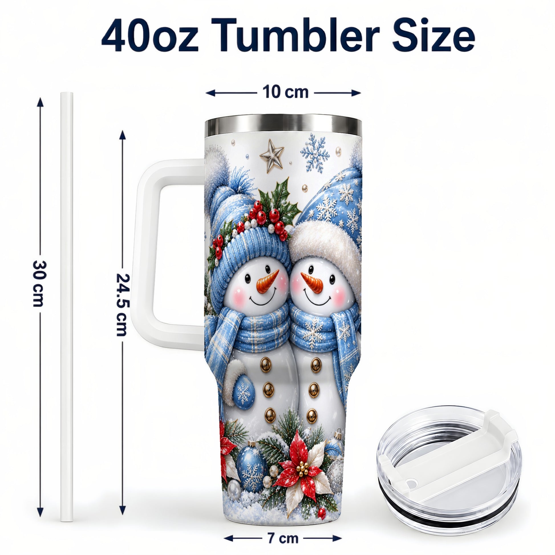 #pl[40oz|White] Snowman Couple 40oz Tumbler with Handle, Winter Stainless Steel Cup