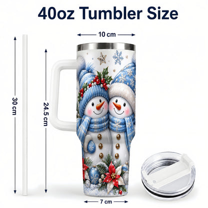 #pl[40oz|White] Snowman Couple 40oz Tumbler with Handle, Winter Stainless Steel Cup