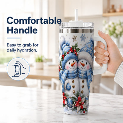 #pl[40oz|White] Snowman Couple 40oz Tumbler with Handle, Winter Stainless Steel Cup
