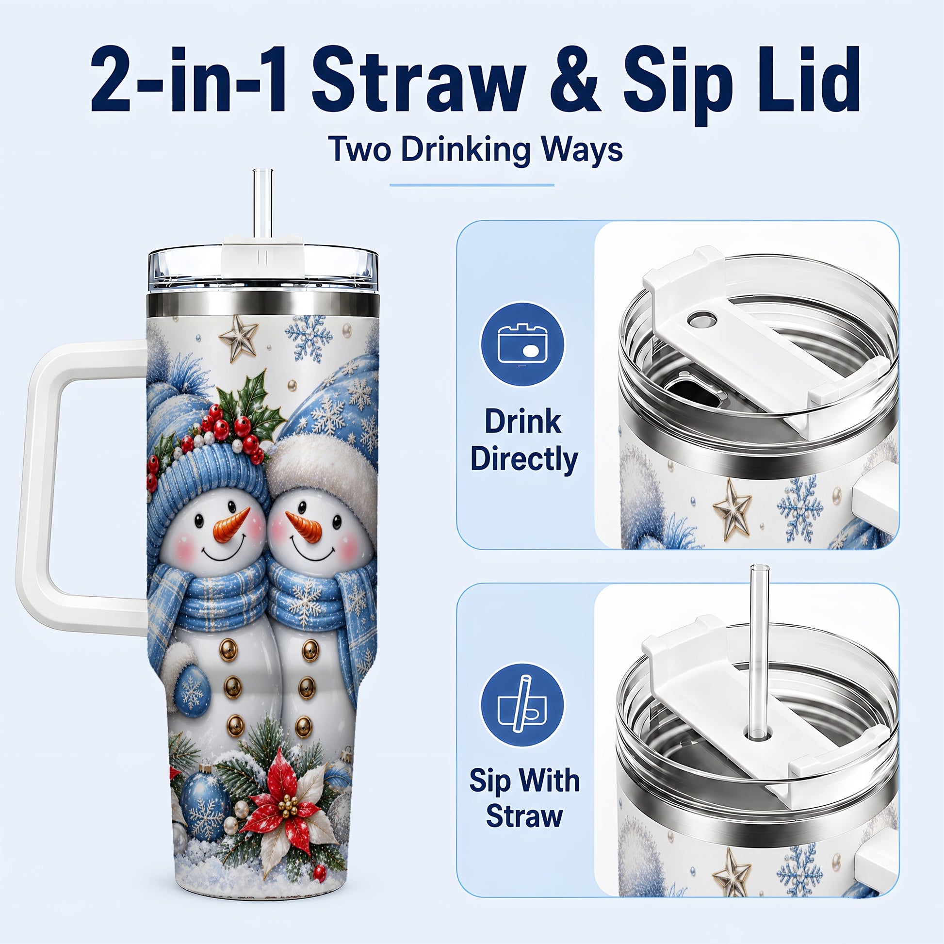#pl[40oz|White] Snowman Couple 40oz Tumbler with Handle, Winter Stainless Steel Cup