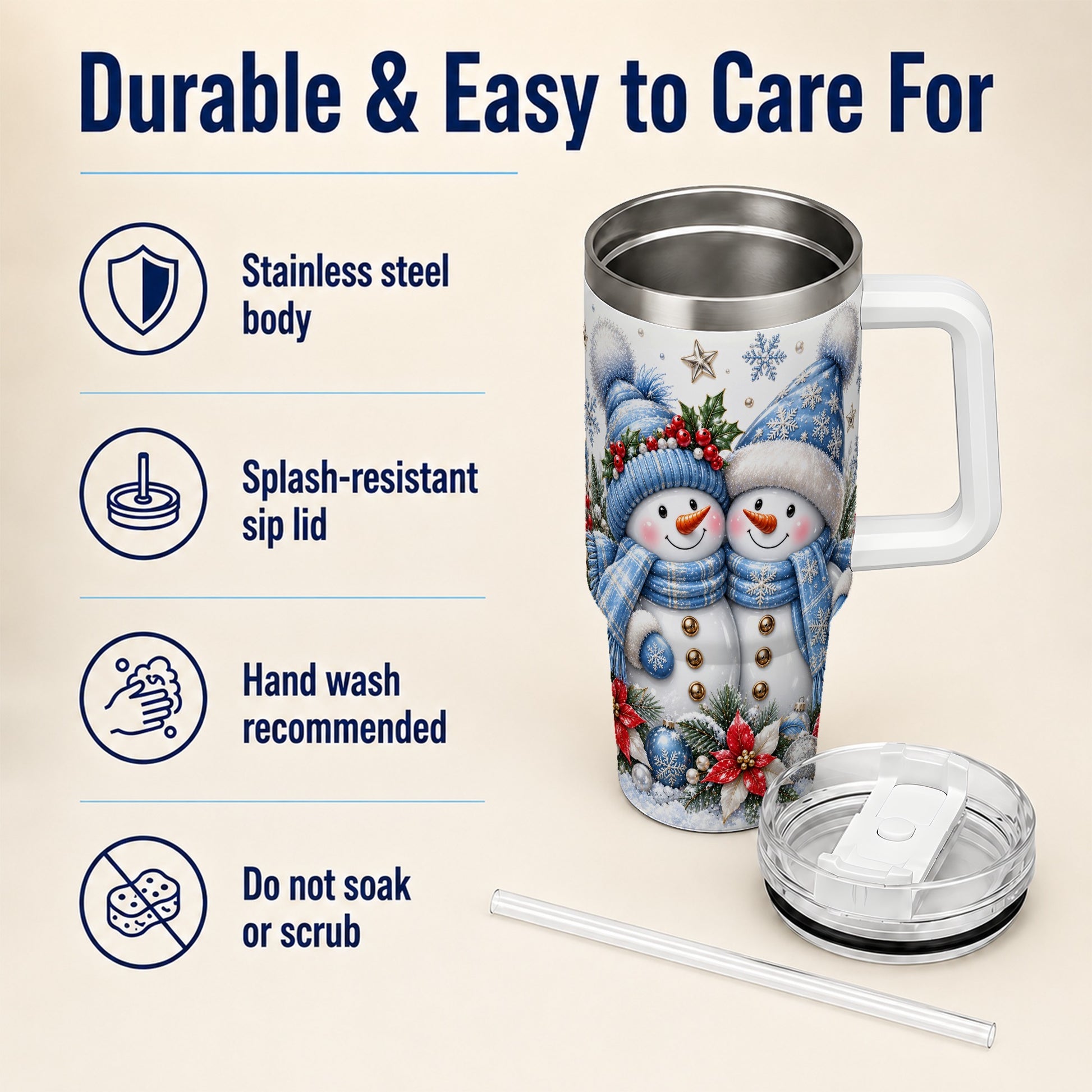 #pl[40oz|White] Snowman Couple 40oz Tumbler with Handle, Winter Stainless Steel Cup