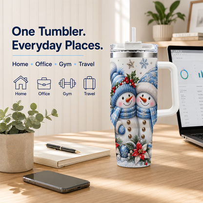 #pl[40oz|White] Snowman Couple 40oz Tumbler with Handle, Winter Stainless Steel Cup