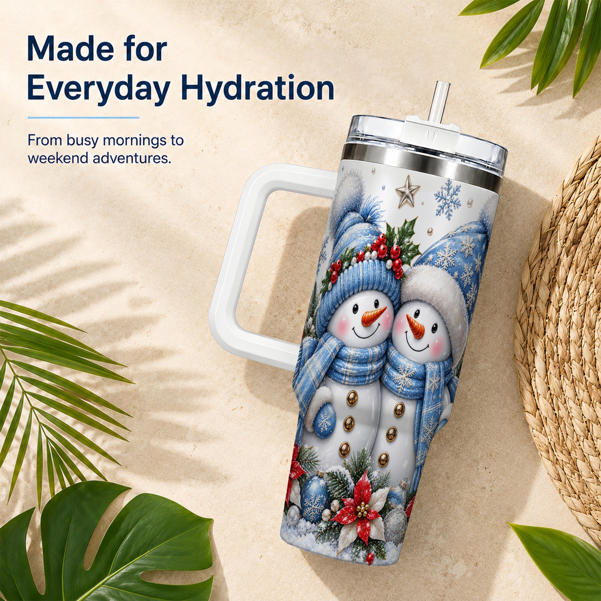 #pl[40oz|White] Snowman Couple 40oz Tumbler with Handle, Winter Stainless Steel Cup