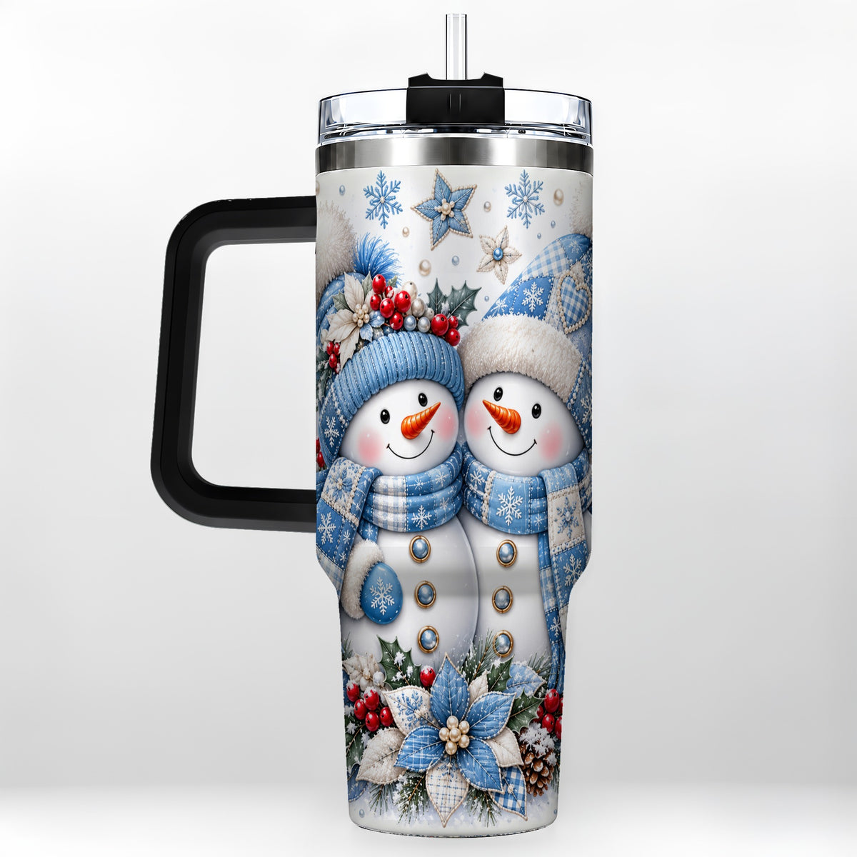 #pl[40oz|Black] Snowman Couple 40oz Tumbler with Handle, Winter Stainless Steel Cup