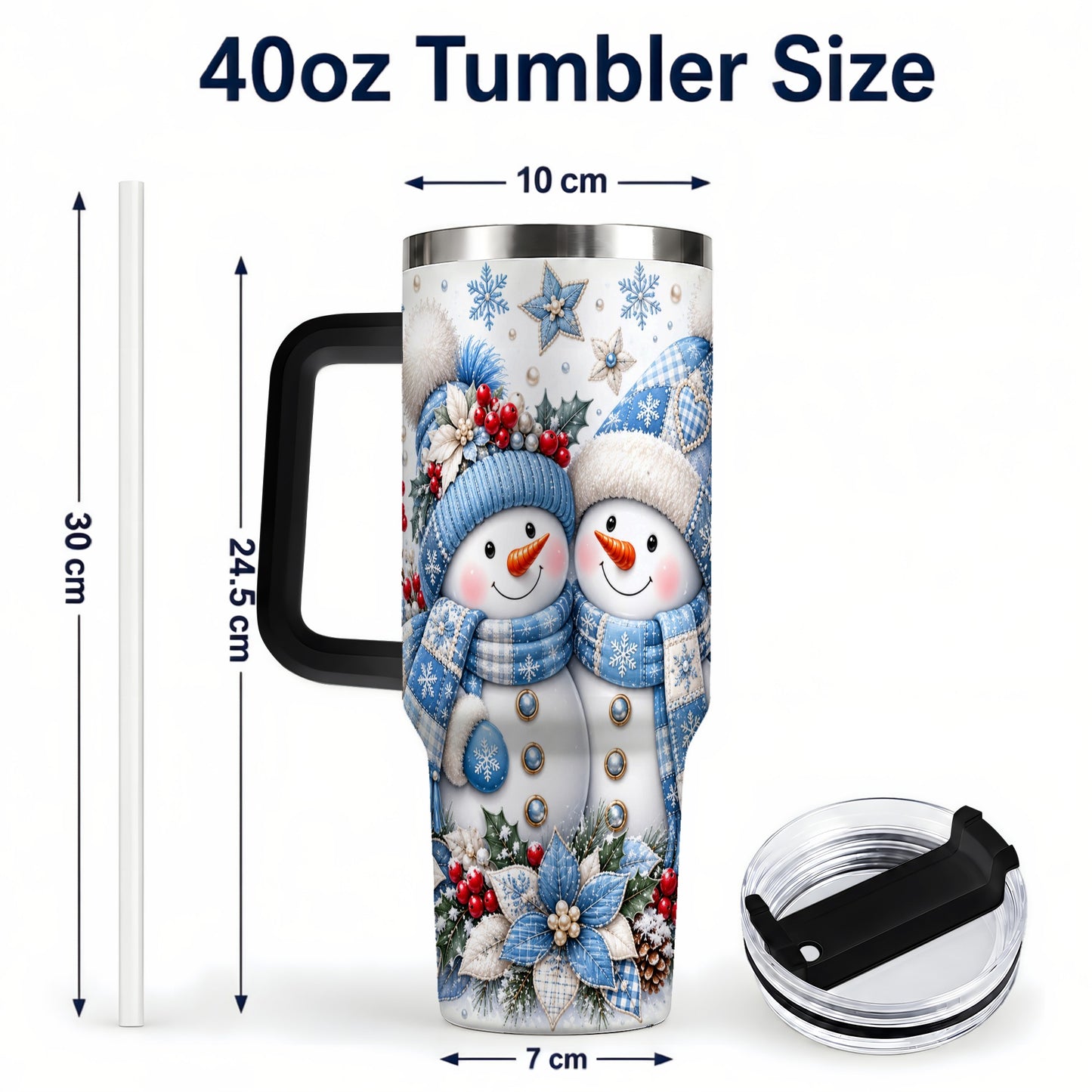 #pl[40oz|Black] Snowman Couple 40oz Tumbler with Handle, Winter Stainless Steel Cup