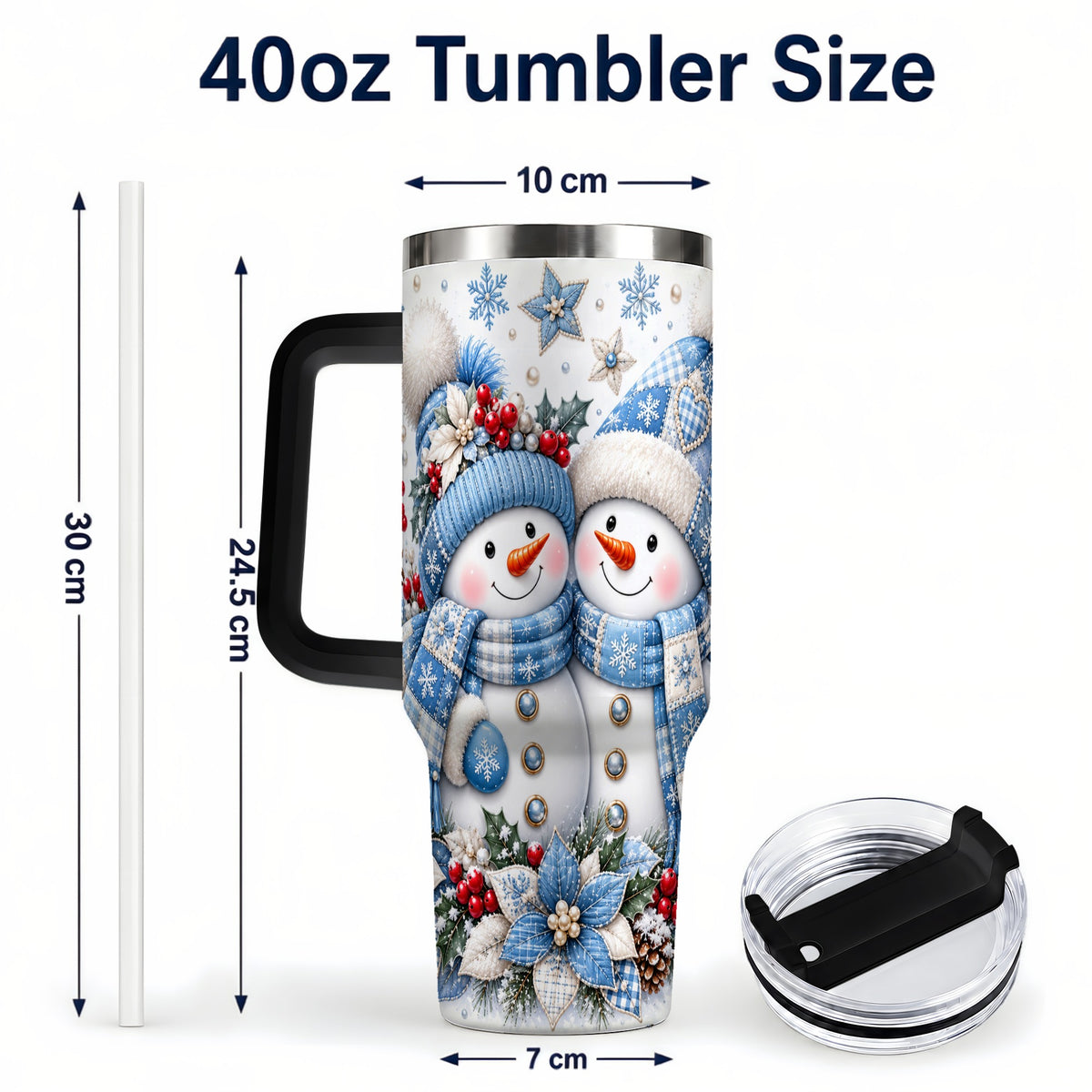 #pl[40oz|Black] Snowman Couple 40oz Tumbler with Handle, Winter Stainless Steel Cup
