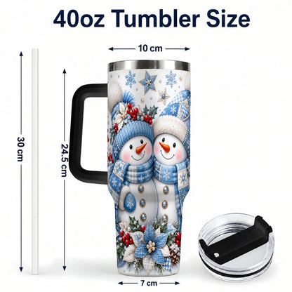 #pl[40oz|Black] Snowman Couple 40oz Tumbler with Handle, Winter Stainless Steel Cup