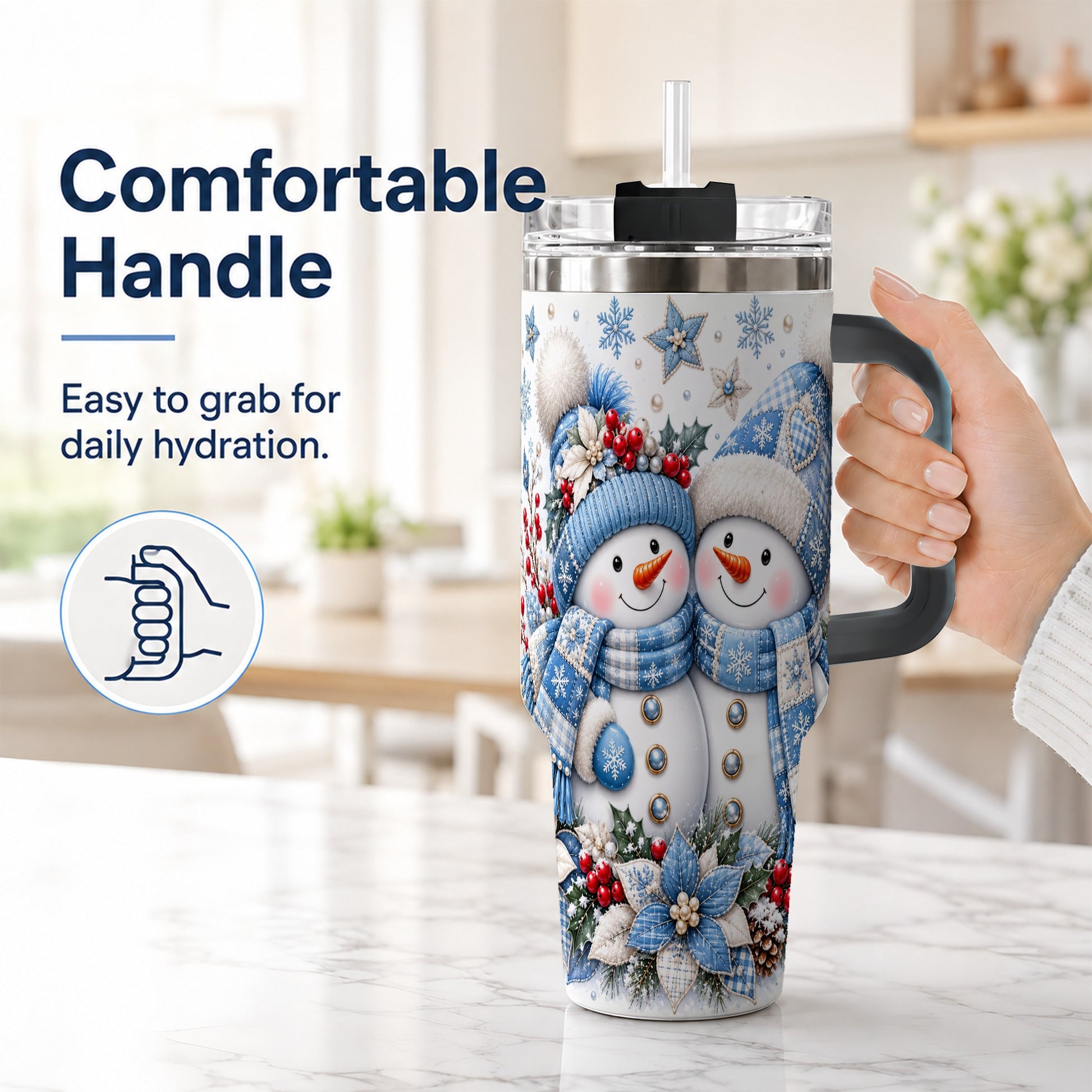 #pl[40oz|Black] Snowman Couple 40oz Tumbler with Handle, Winter Stainless Steel Cup