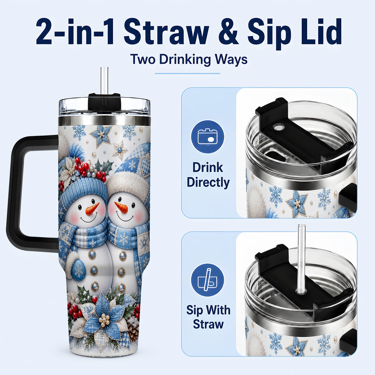 #pl[40oz|Black] Snowman Couple 40oz Tumbler with Handle, Winter Stainless Steel Cup