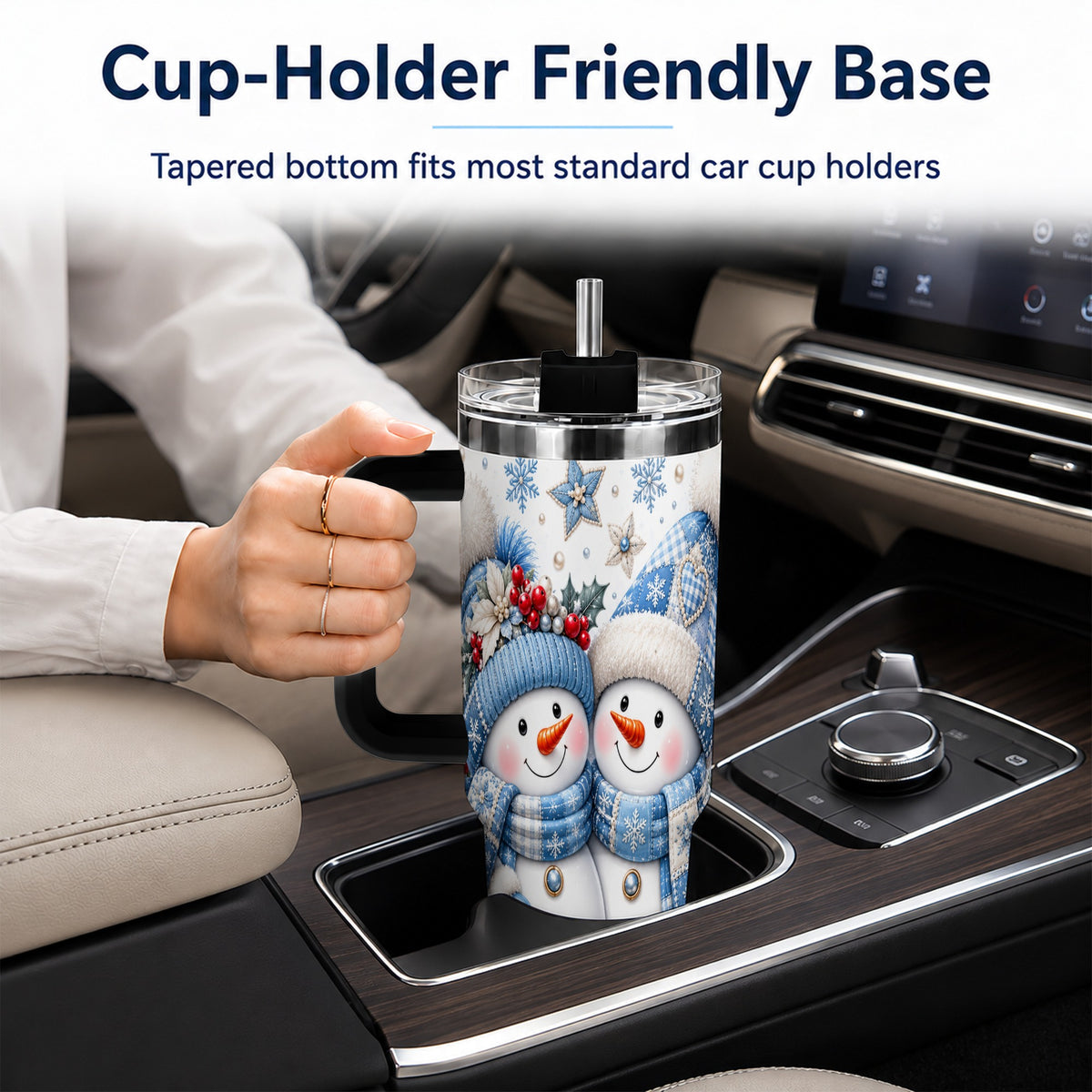 #pl[40oz|Black] Snowman Couple 40oz Tumbler with Handle, Winter Stainless Steel Cup