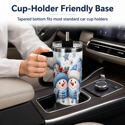 #pl[40oz|Black] Snowman Couple 40oz Tumbler with Handle, Winter Stainless Steel Cup