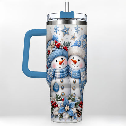 #pl[40oz|Blue] Snowman Couple 40oz Tumbler with Handle, Winter Stainless Steel Cup