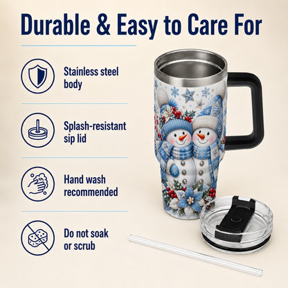 #pl[40oz|Black] Snowman Couple 40oz Tumbler with Handle, Winter Stainless Steel Cup