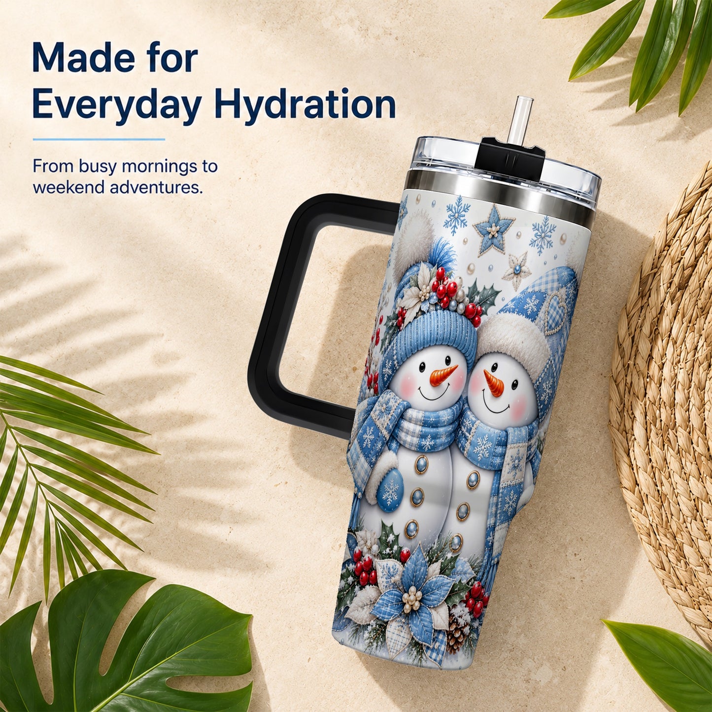 #pl[40oz|Black] Snowman Couple 40oz Tumbler with Handle, Winter Stainless Steel Cup