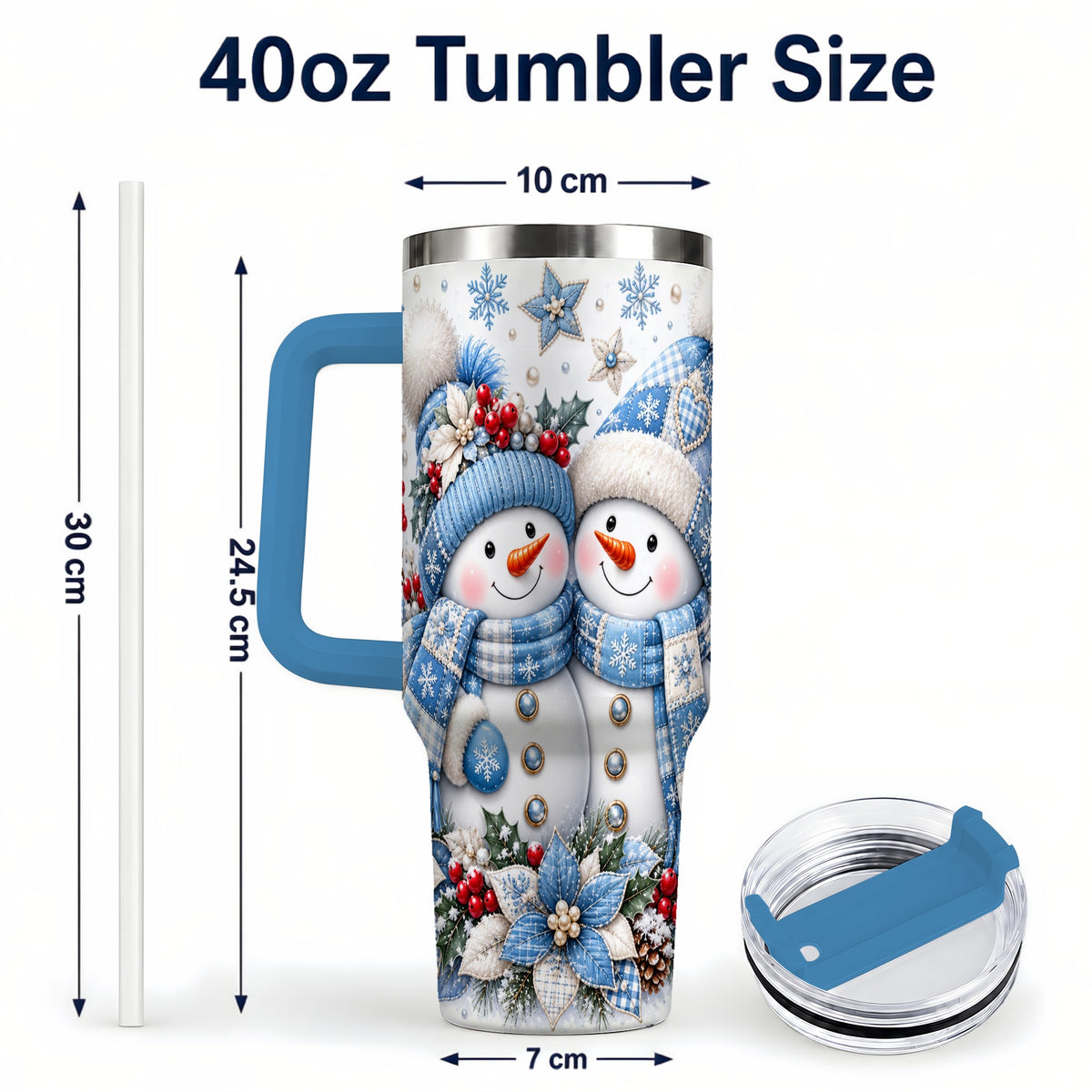 #pl[40oz|Blue] Snowman Couple 40oz Tumbler with Handle, Winter Stainless Steel Cup