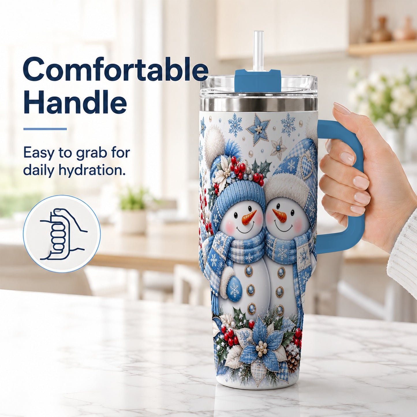 #pl[40oz|Blue] Snowman Couple 40oz Tumbler with Handle, Winter Stainless Steel Cup