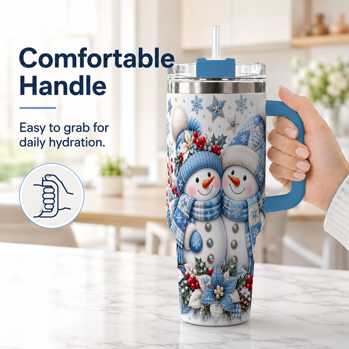 #pl[40oz|Blue] Snowman Couple 40oz Tumbler with Handle, Winter Stainless Steel Cup