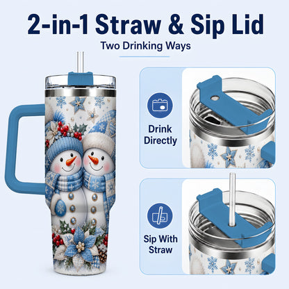 #pl[40oz|Blue] Snowman Couple 40oz Tumbler with Handle, Winter Stainless Steel Cup