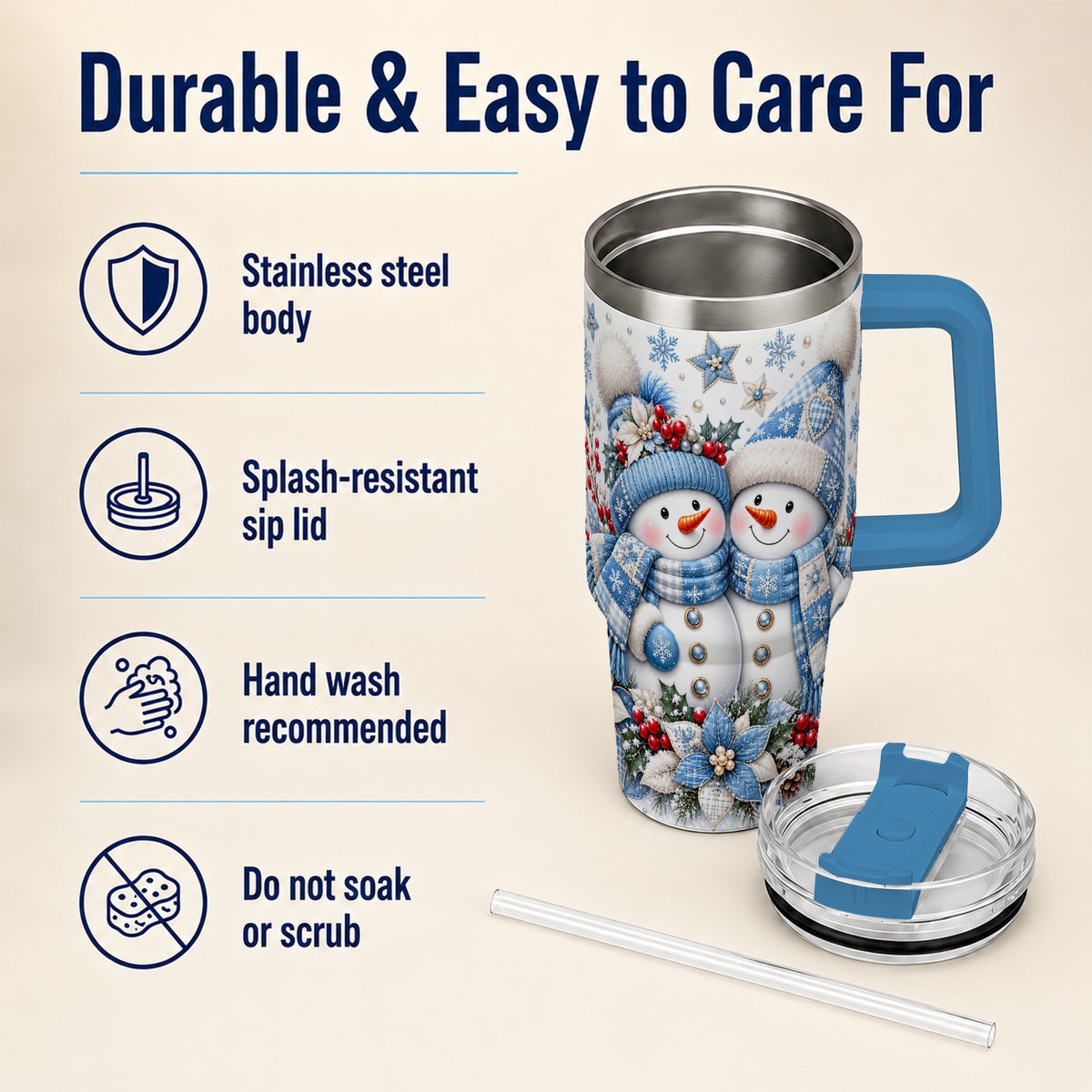 #pl[40oz|Blue] Snowman Couple 40oz Tumbler with Handle, Winter Stainless Steel Cup