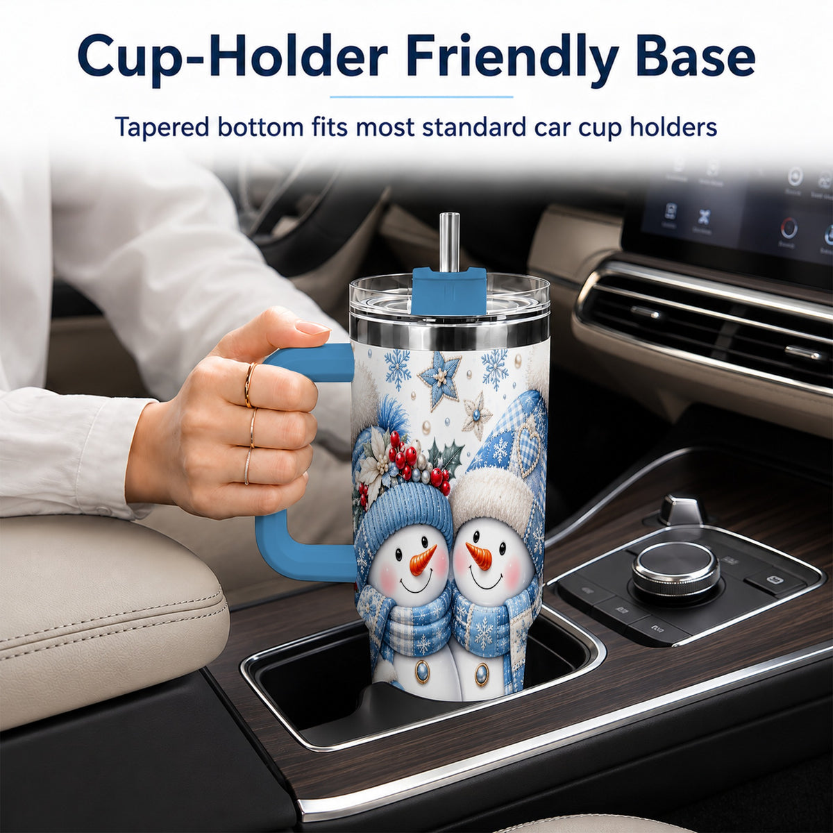 #pl[40oz|Blue] Snowman Couple 40oz Tumbler with Handle, Winter Stainless Steel Cup