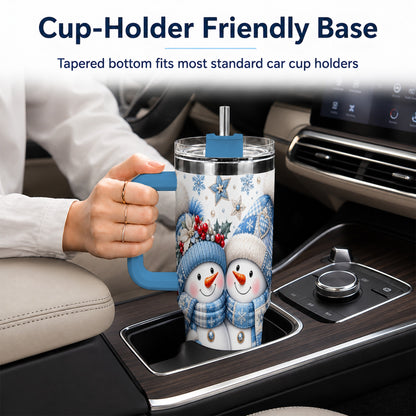 #pl[40oz|Blue] Snowman Couple 40oz Tumbler with Handle, Winter Stainless Steel Cup