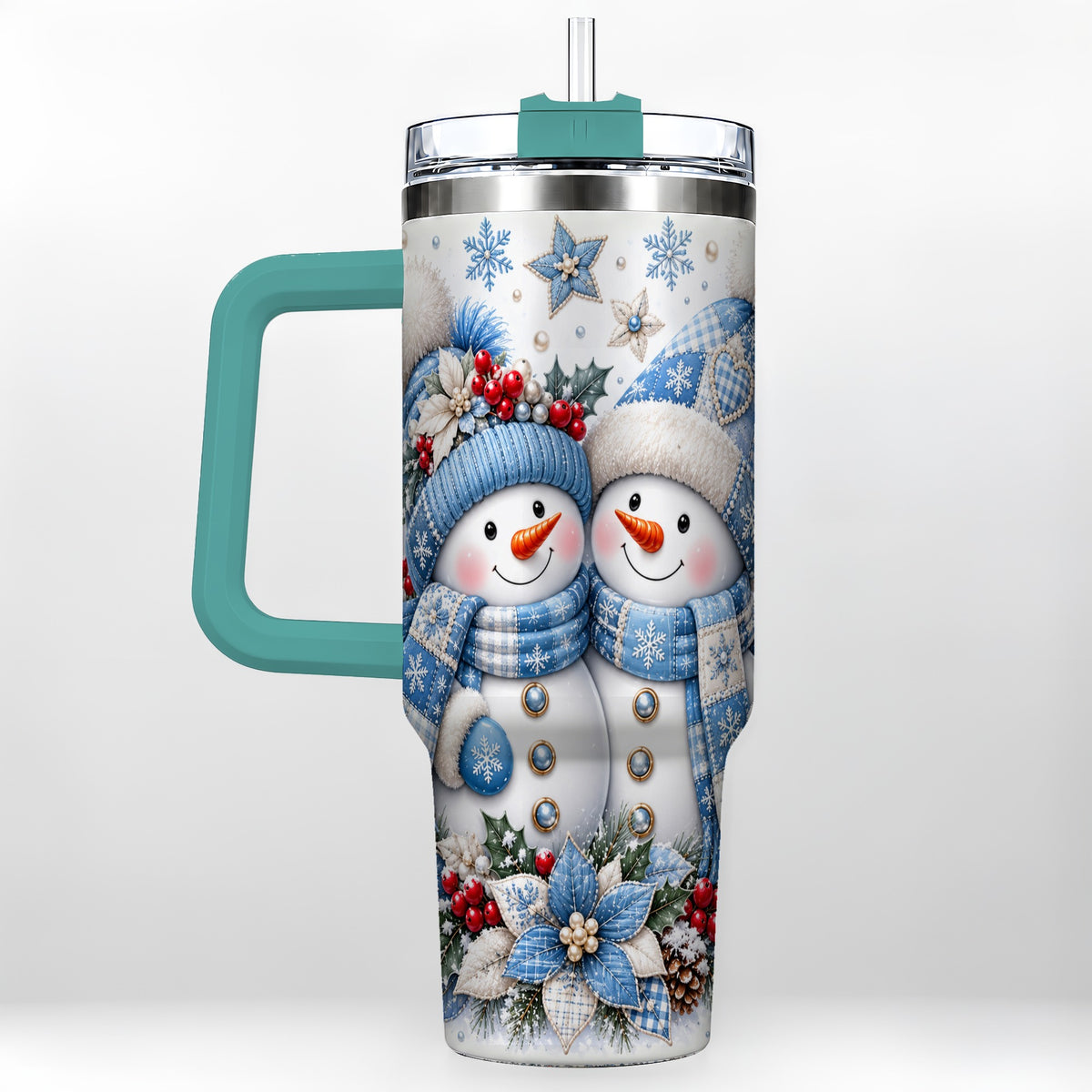 #pl[40oz|Green] Snowman Couple 40oz Tumbler with Handle, Winter Stainless Steel Cup