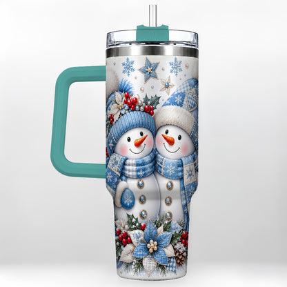 #pl[40oz|Green] Snowman Couple 40oz Tumbler with Handle, Winter Stainless Steel Cup