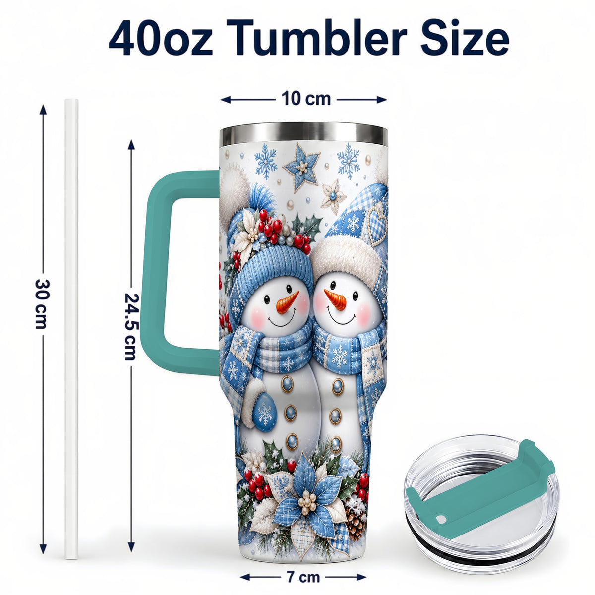 #pl[40oz|Green] Snowman Couple 40oz Tumbler with Handle, Winter Stainless Steel Cup