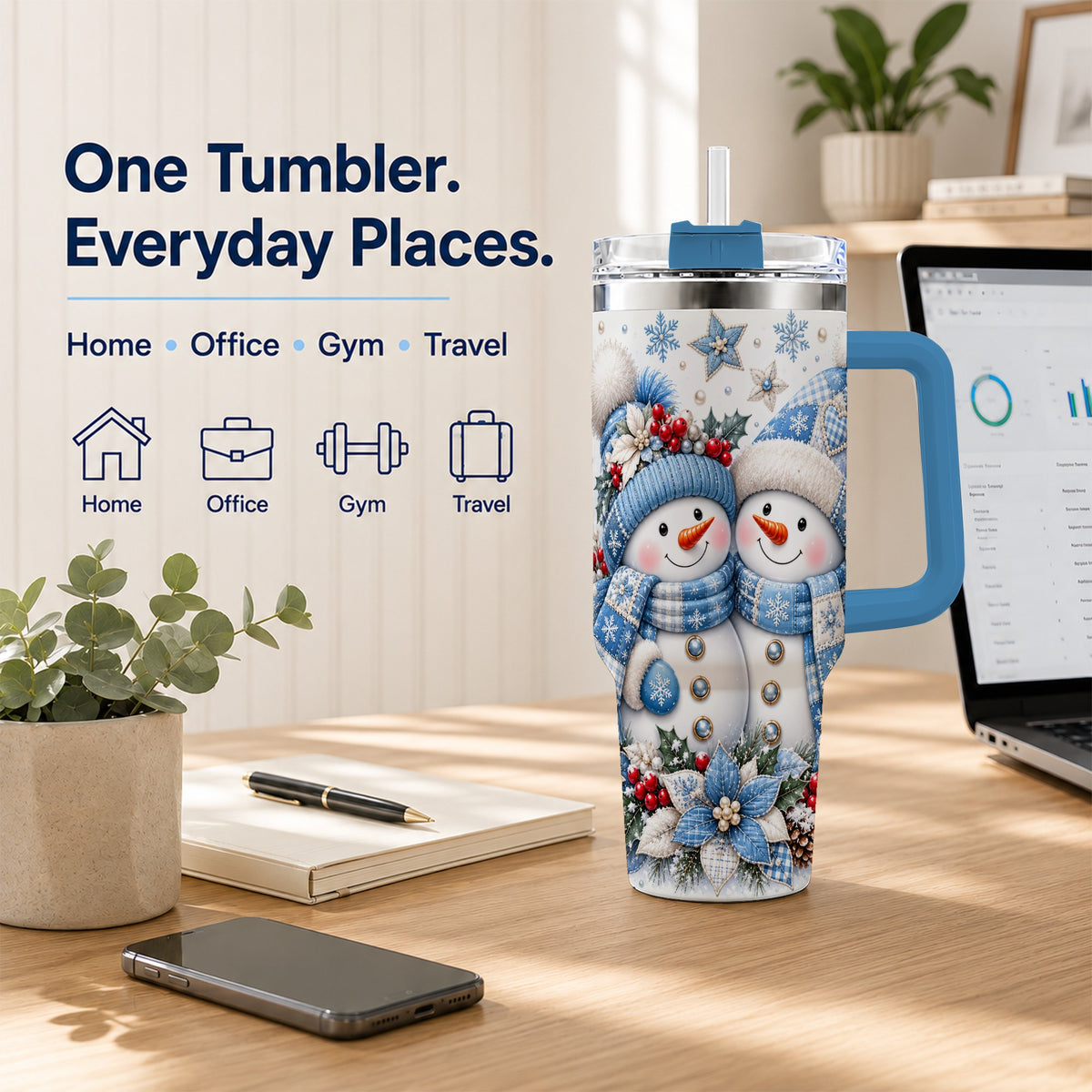 #pl[40oz|Blue] Snowman Couple 40oz Tumbler with Handle, Winter Stainless Steel Cup