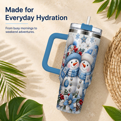 #pl[40oz|Blue] Snowman Couple 40oz Tumbler with Handle, Winter Stainless Steel Cup