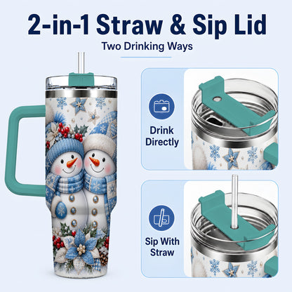 #pl[40oz|Green] Snowman Couple 40oz Tumbler with Handle, Winter Stainless Steel Cup