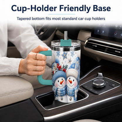#pl[40oz|Green] Snowman Couple 40oz Tumbler with Handle, Winter Stainless Steel Cup