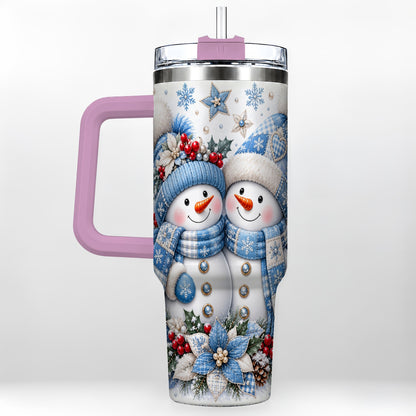 #pl[40oz|Pink] Snowman Couple 40oz Tumbler with Handle, Winter Stainless Steel Cup