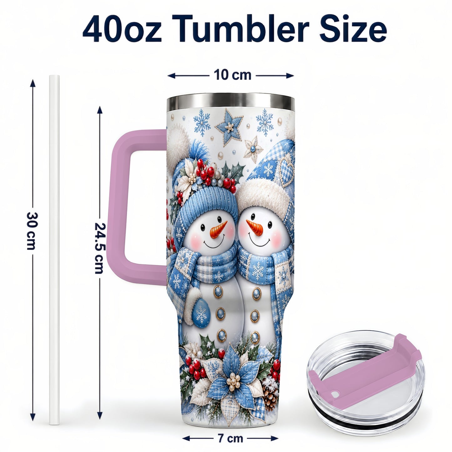 #pl[40oz|Pink] Snowman Couple 40oz Tumbler with Handle, Winter Stainless Steel Cup