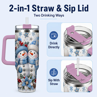 #pl[40oz|Pink] Snowman Couple 40oz Tumbler with Handle, Winter Stainless Steel Cup
