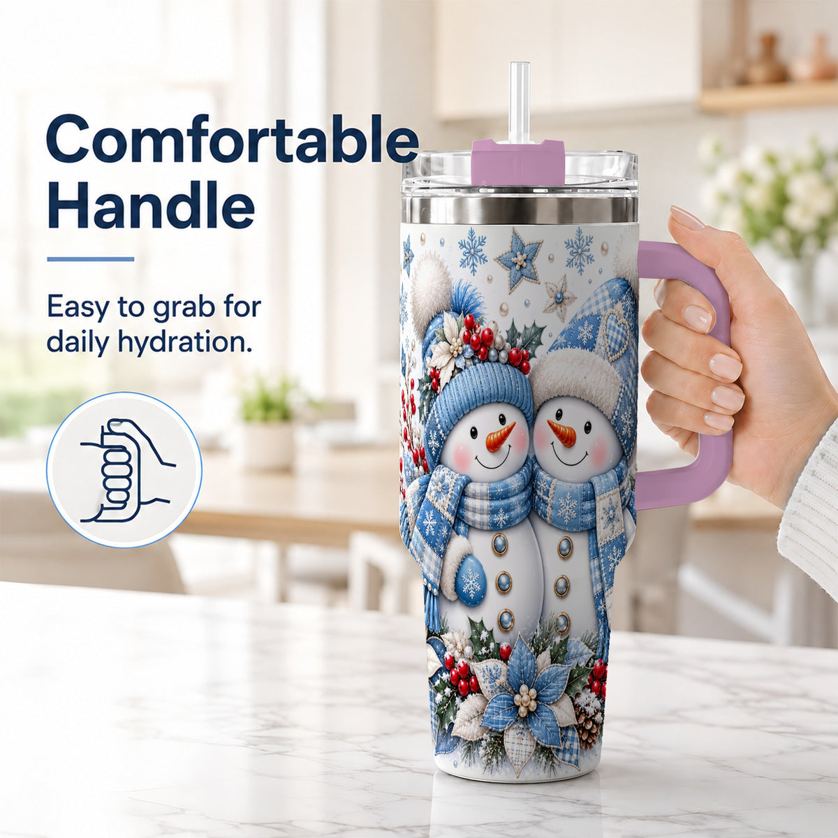 #pl[40oz|Pink] Snowman Couple 40oz Tumbler with Handle, Winter Stainless Steel Cup