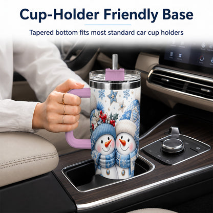 #pl[40oz|Pink] Snowman Couple 40oz Tumbler with Handle, Winter Stainless Steel Cup